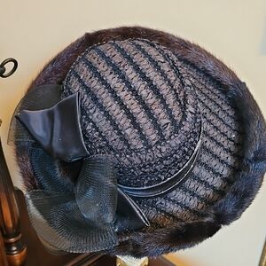 Chic Black Women's Hat Trimmed In Mink with Bow Accent